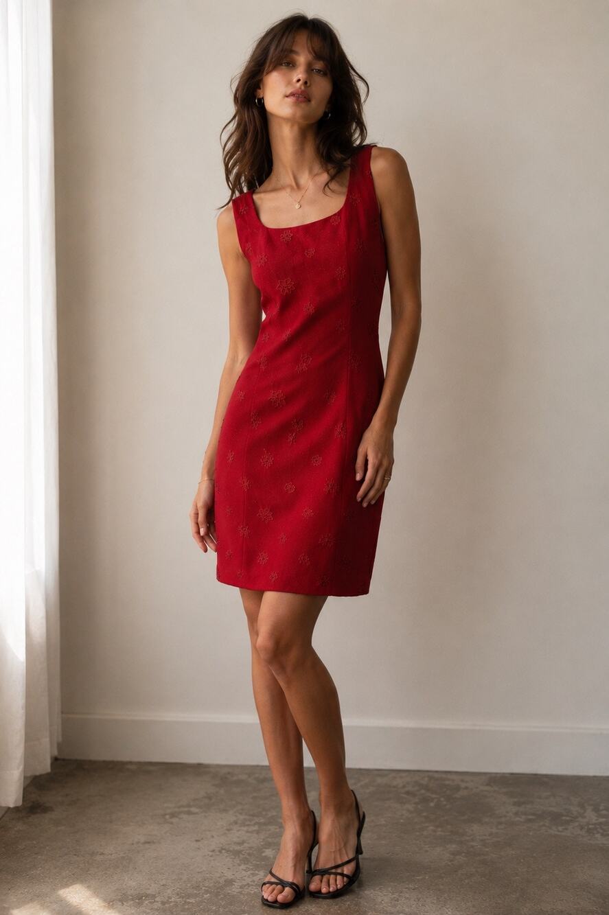 Vintage Y2K Red Sleeveless Shift Floral Embroider Cocktail Dress Size 6 Petite
